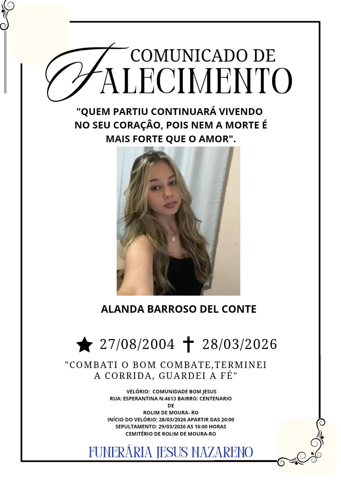 Nota de falecimento – Alanda Barroso Del Conte