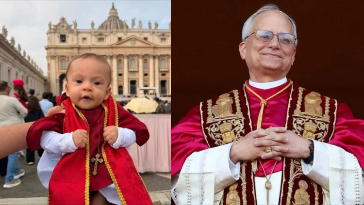 Bebê brasileiro, vestido de papa, recebe bênção de Leão XIV; veja vídeo