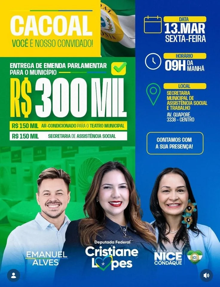 Emanuel Alves celebra repasse de R$ 300 mil da deputada Cristiane Lopes para Cacoal