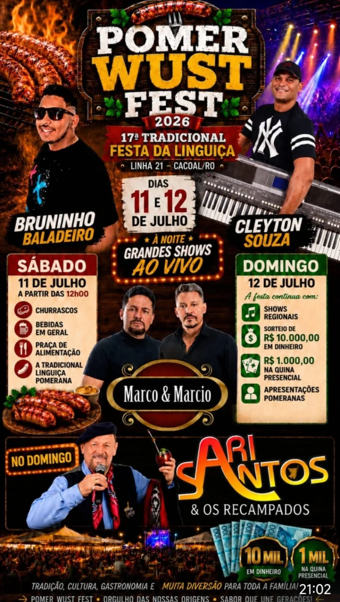 Final de semana tem a 17ª Festa da Linguiça Pomerana na Linha 21, em Cacoal