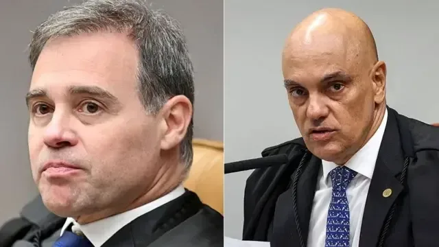 Os ministros André Mendonça, à esquerda, e Alexandre de Moraes, à direita, do Supremo Tribunal Federal, em montagem.