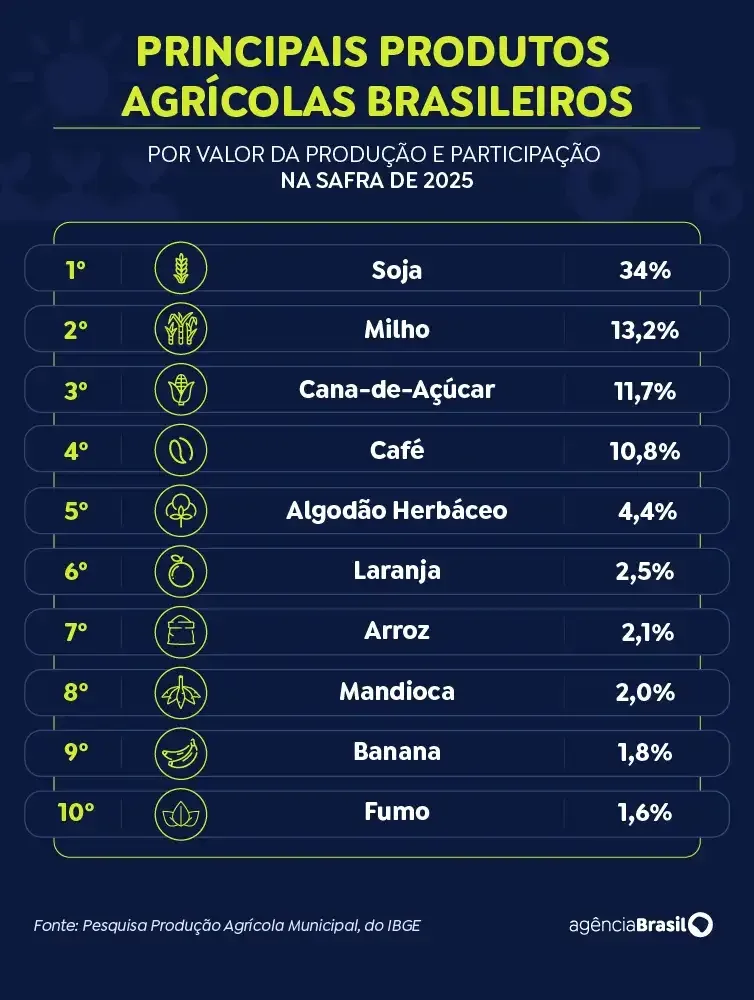 Arte/EBC Produção agrícola brasileira superou R$ 927 bilhões em 2025