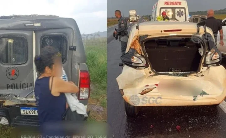 Viatura da Força Tática é atingida por carreta e evita tragédia com família na BR-364