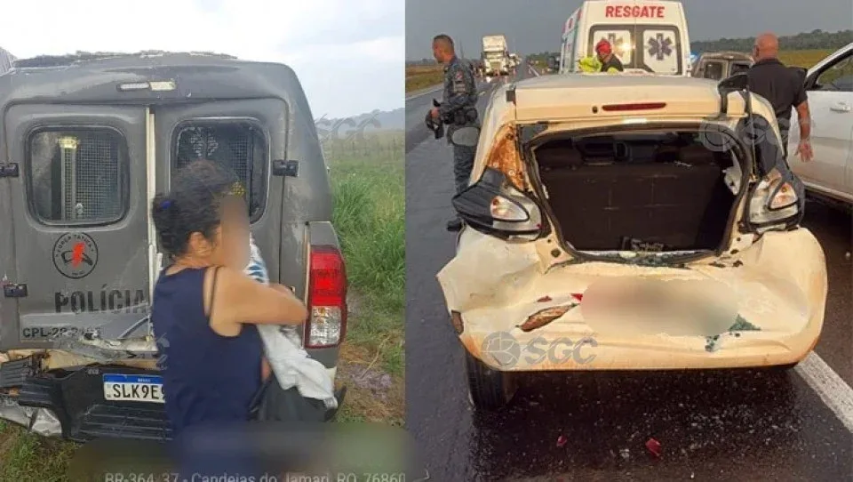 Viatura da Força Tática é atingida por carreta e evita tragédia com família na BR-364