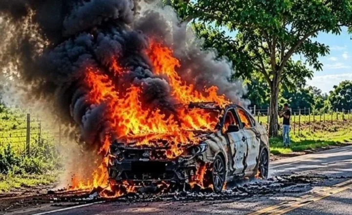Carro é destruído por incêndio na área rural de distrito