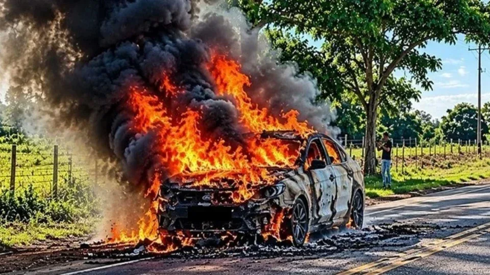 Carro é destruído por incêndio na área rural de distrito