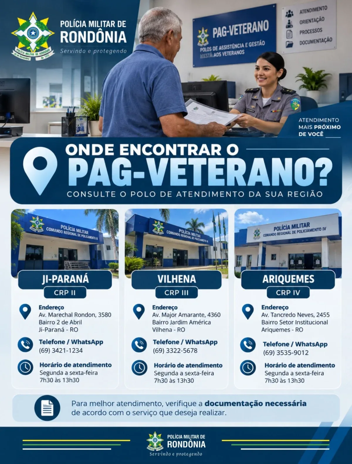 Polícia Militar de Rondônia ativa Polos de Atendimento e Gestão ao Veterano no interior do Estado