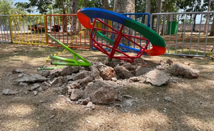 Parque Circuito tem brinquedos danificados, lixeiras quebradas e pichações menos de uma semana após revitalização