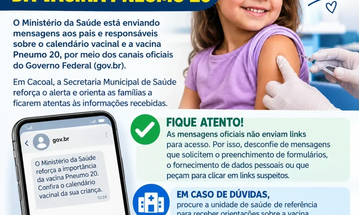 ALERTA PAIS SOBRE MENSAGENS DO MINISTÉRIO DA SAÚDE A RESPEITO DA VACINA PNEUMO 20
