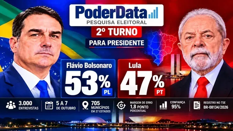 Pesquisa PoderData/Aya mostra Flávio com 53% e Lula com 47% no segundo turno Pesquisa PoderData/Aya mostra Flávio com 53% e Lula com 47% no segundo turno