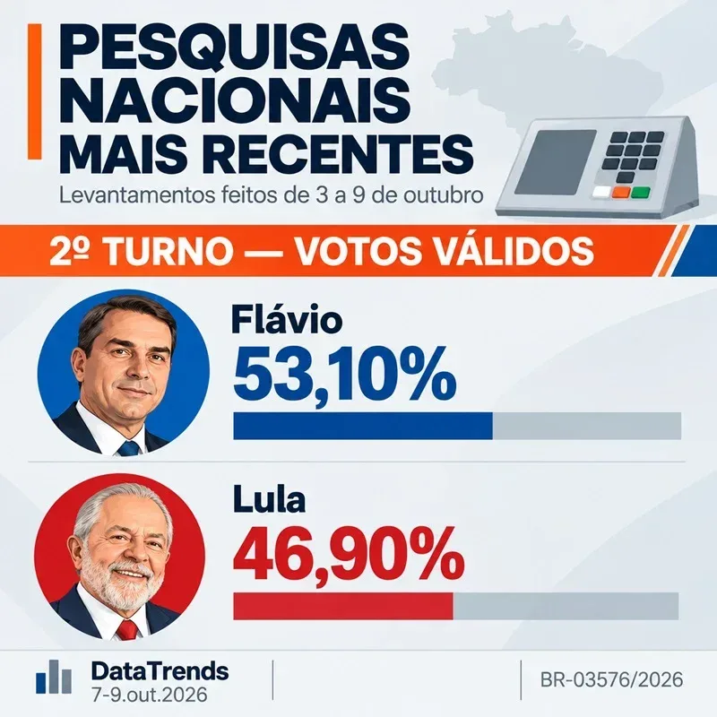 DataTrends: Flávio Bolsonaro aparece com 53,1% dos votos válidos, contra 46,9% de Lula no segundo turno DataTrends: Flávio Bolsonaro aparece com 53,1% dos votos válidos, contra 46,9% de Lula no segundo turno